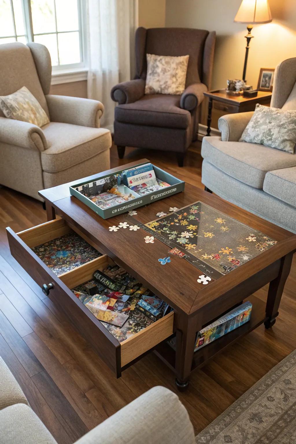 A table that does double duty with puzzle storage.