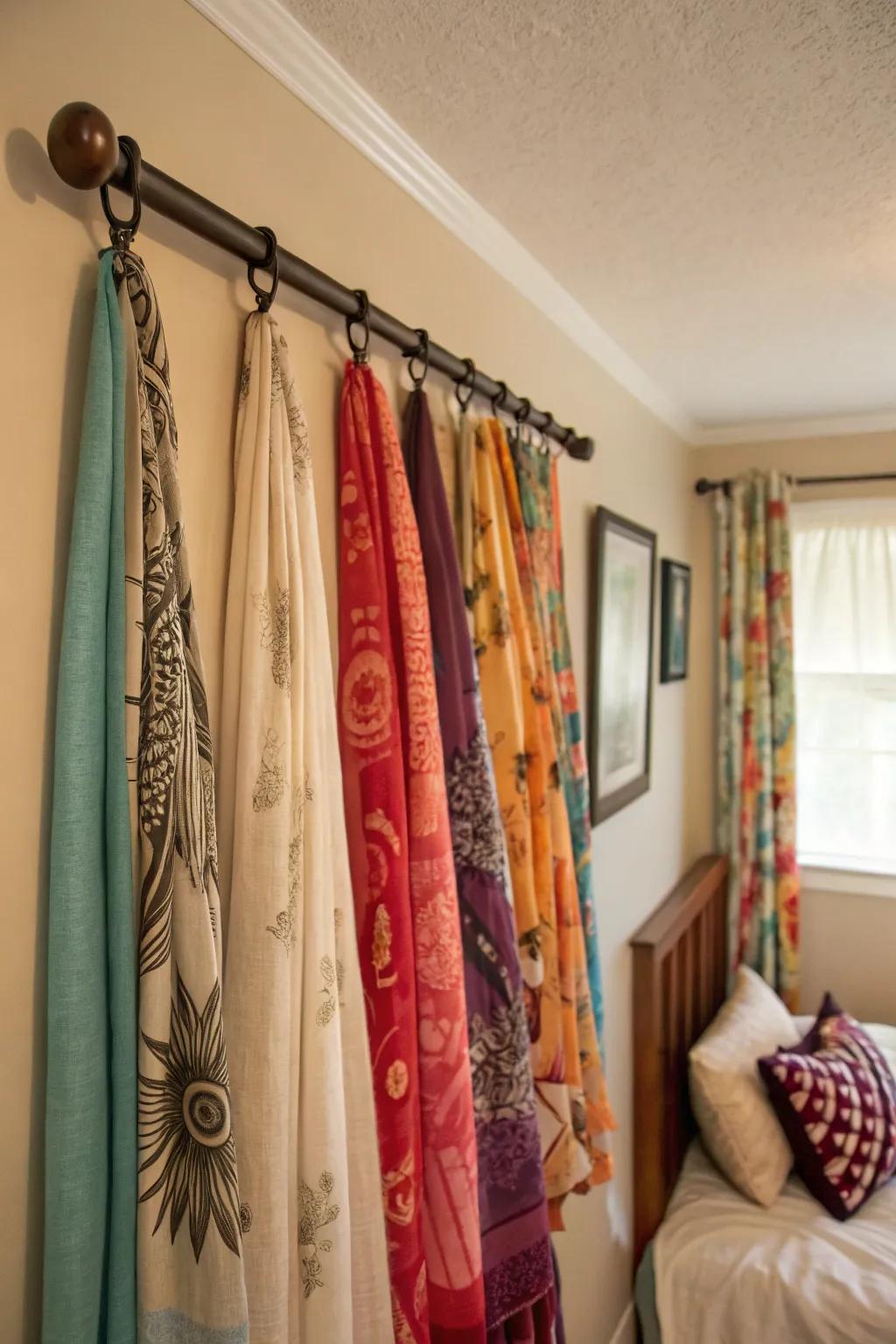 A wall display turns scarves into colorful home decor.