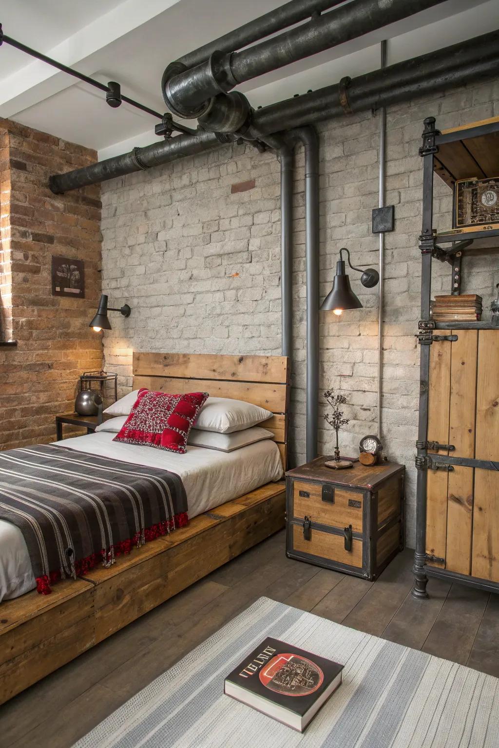 Rugged textures add character and warmth to this industrial bedroom.