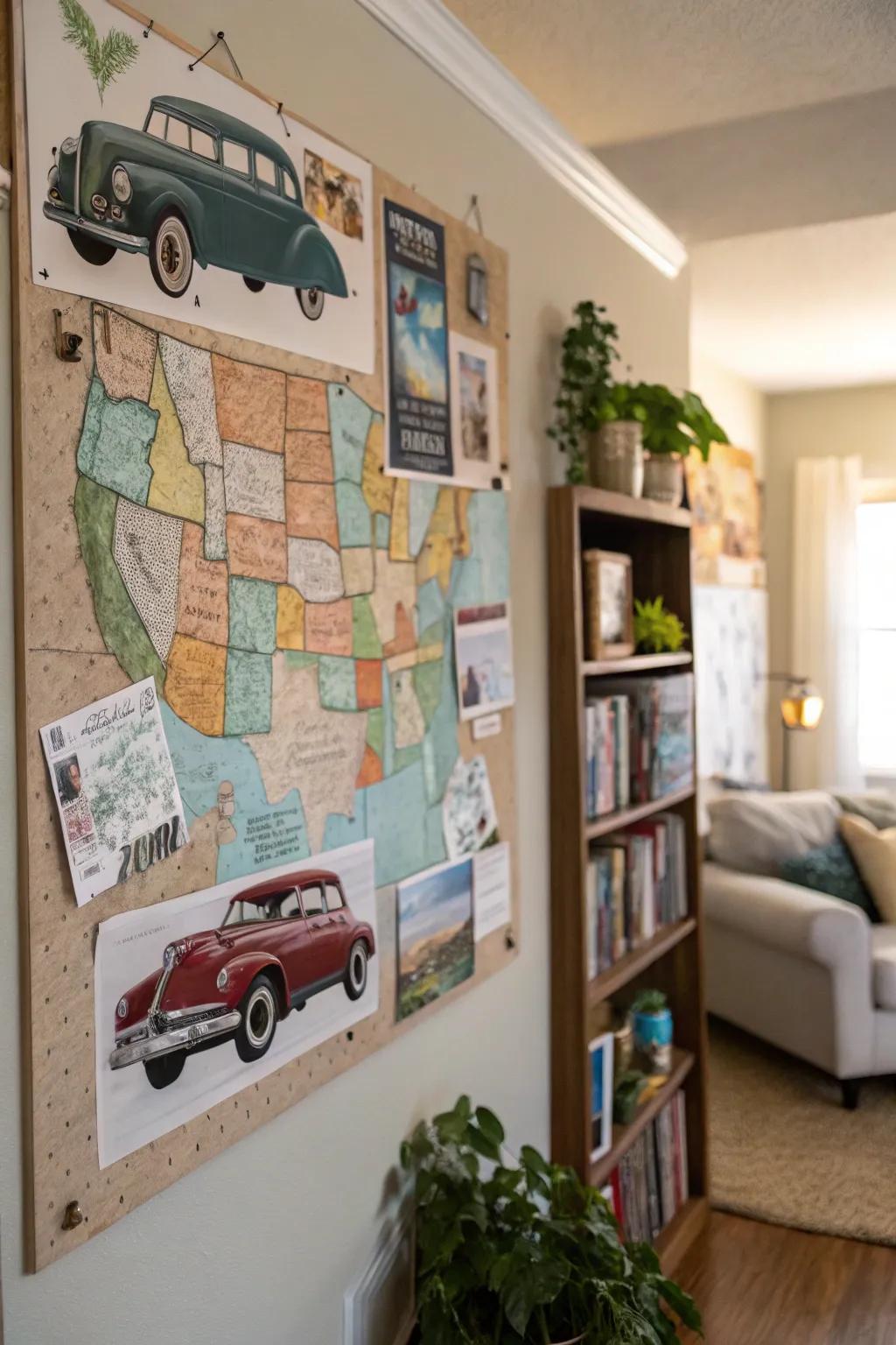 A road trip-themed bulletin board perfect for adventure lovers.