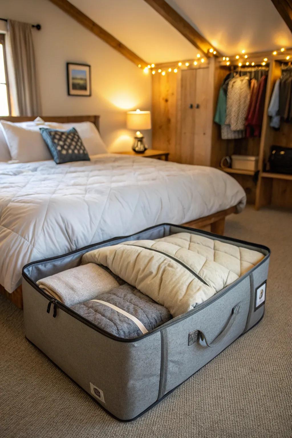 Underbed storage maximizes space while keeping comforters out of sight.