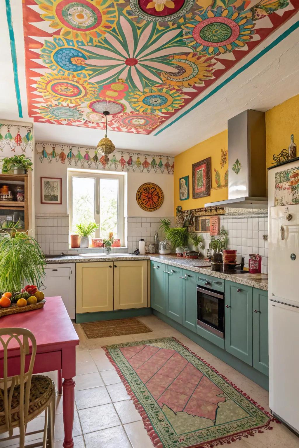 Add a splash of color to your kitchen with a painted ceiling.