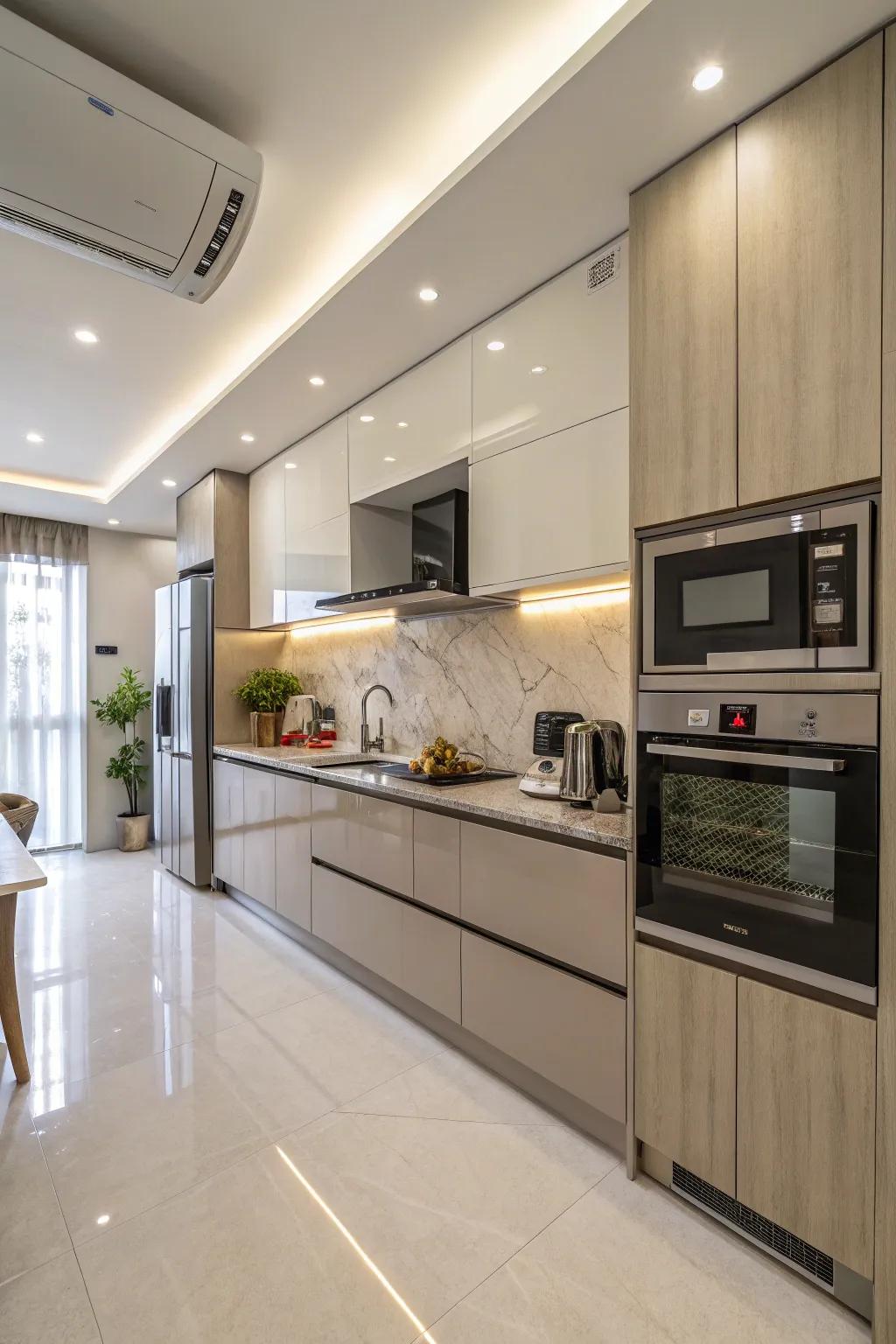 Smooth appliance integration results in a tidy and modern kitchen.