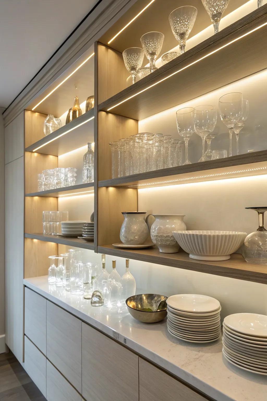 Shelves with integrated lighting for ambiance.