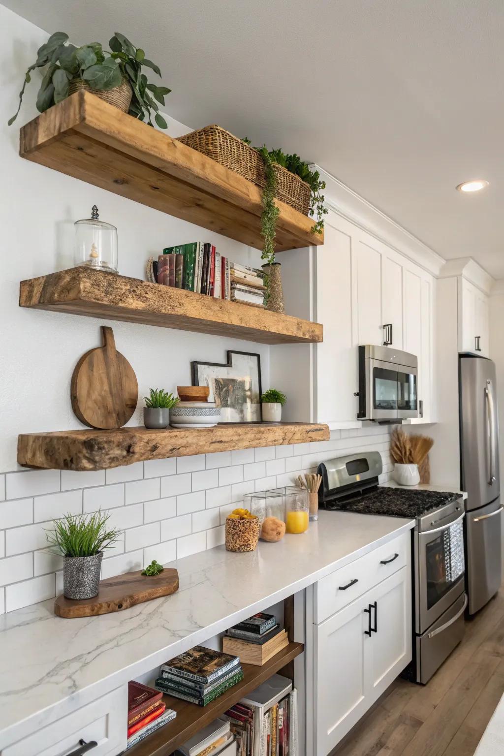 Raw-edge shelves infuse your kitchen with elements of nature and elegance.