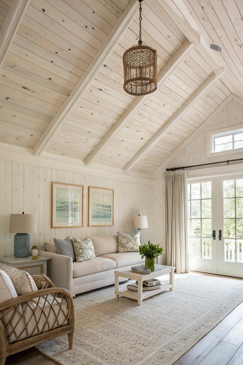 A room with a fresh and airy whitewashed knotty pine ceiling.