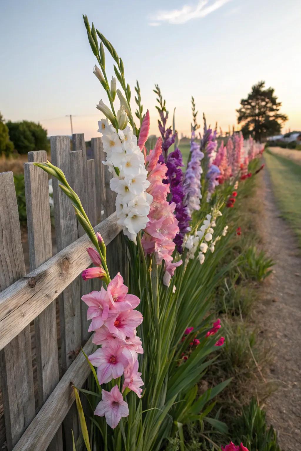 Gladioli form a breathtaking backdrop against a charming rustic fence.
