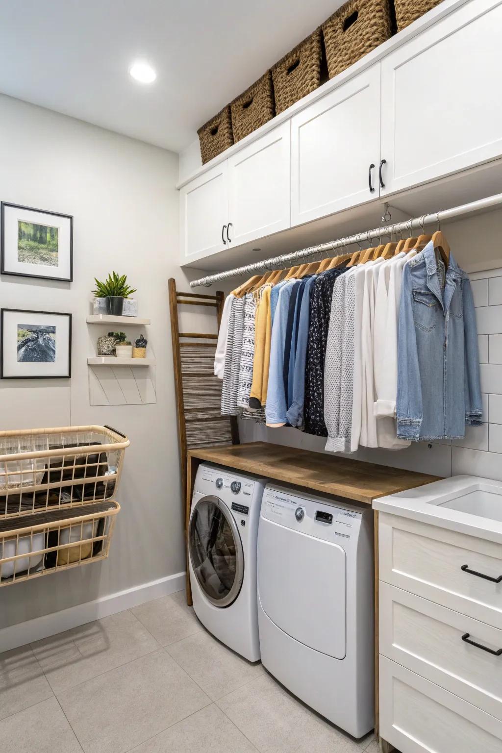 A wall-mounted drying rack is a space-efficient solution for air-drying clothes.