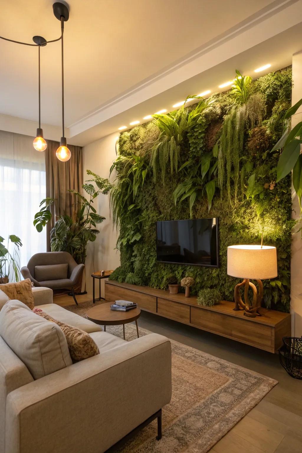 An indoor vertical garden introduces natural elegance and vibrancy to this living space.