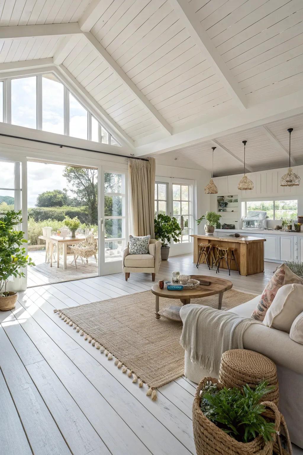 Open spaces feel spacious and unified with white wood flooring.