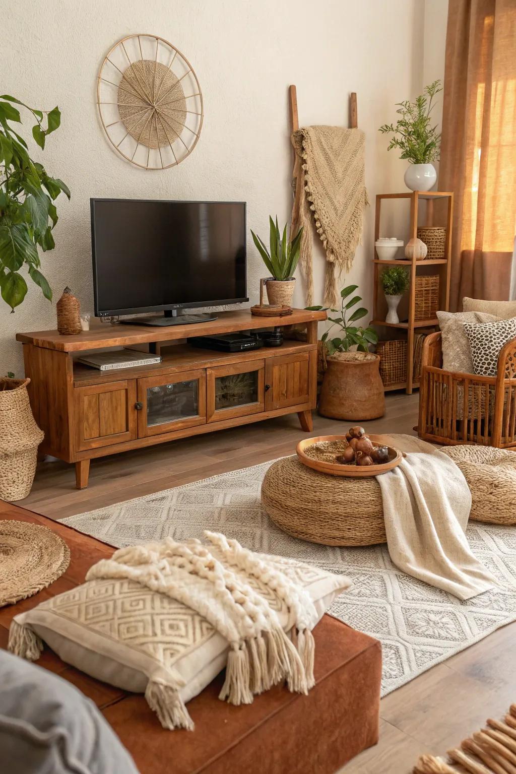 The earthy colors and textures make this TV area feel warm and welcoming.