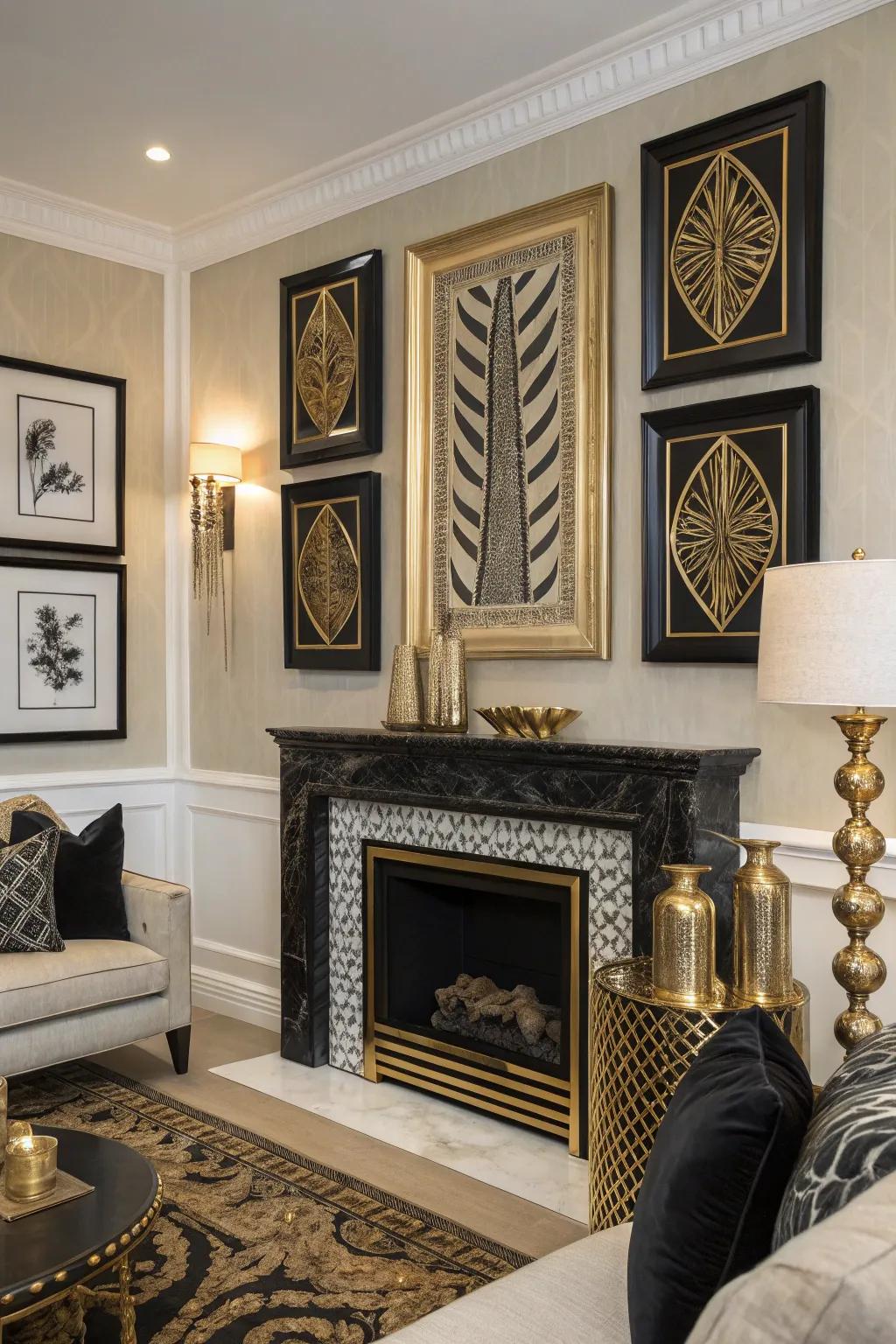Striking black and gold artwork enhances the room's sophistication.