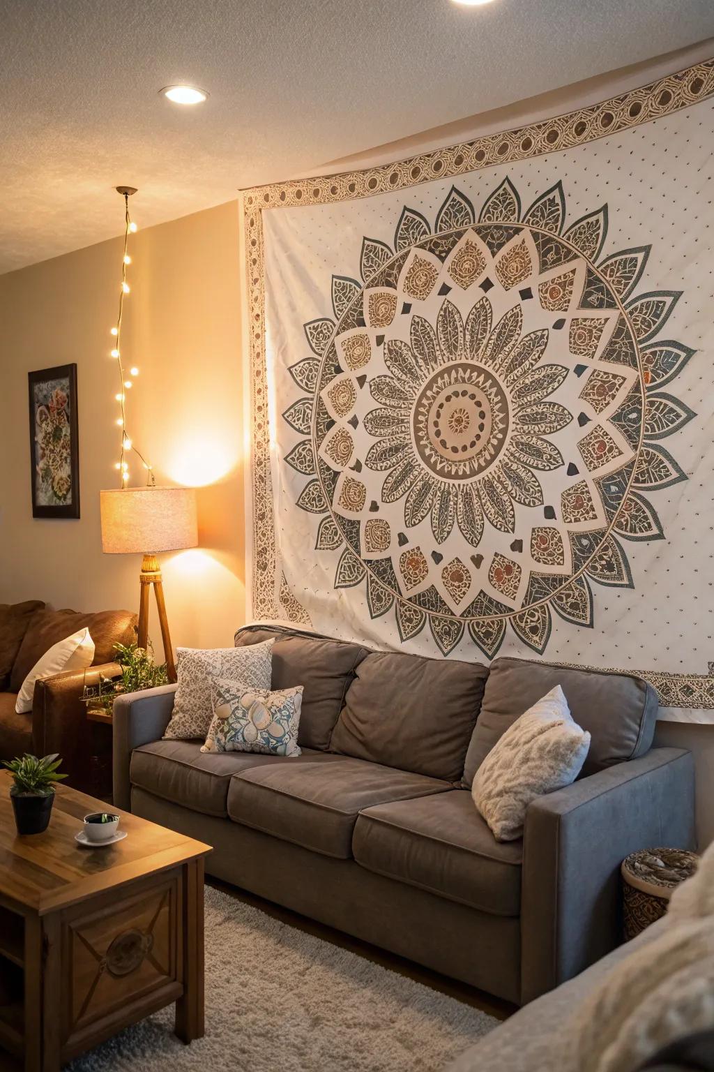 A mixed media mandala design with textured elements adding depth to a living room.