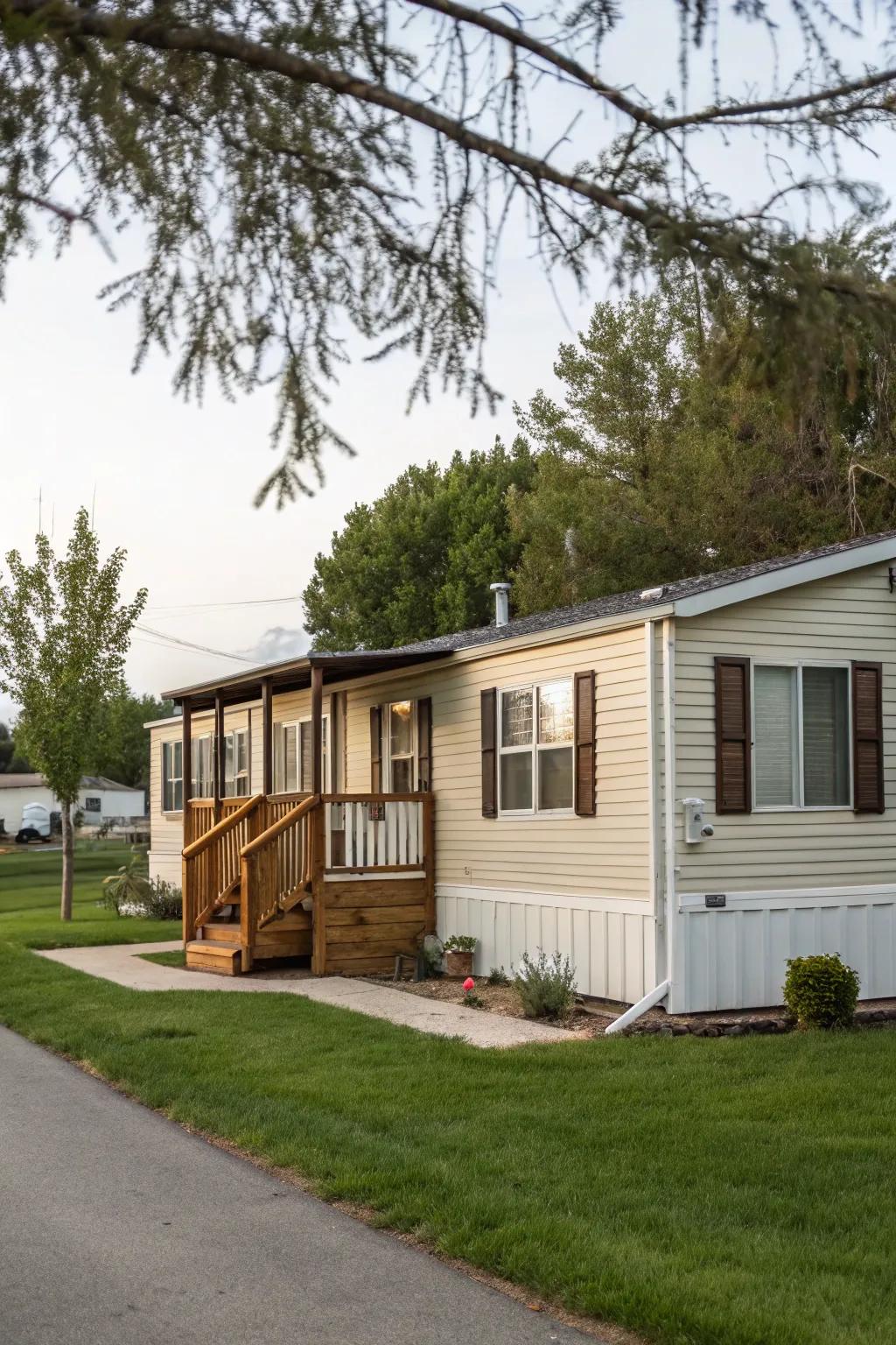 Board and batten shutters giving classic charm to a mobile home.