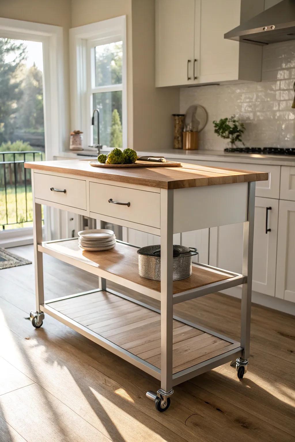 A classic kitchen island in a neutral color