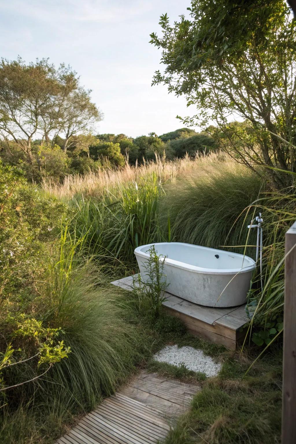 Achieve natural privacy with plants surrounding your outdoor tub.