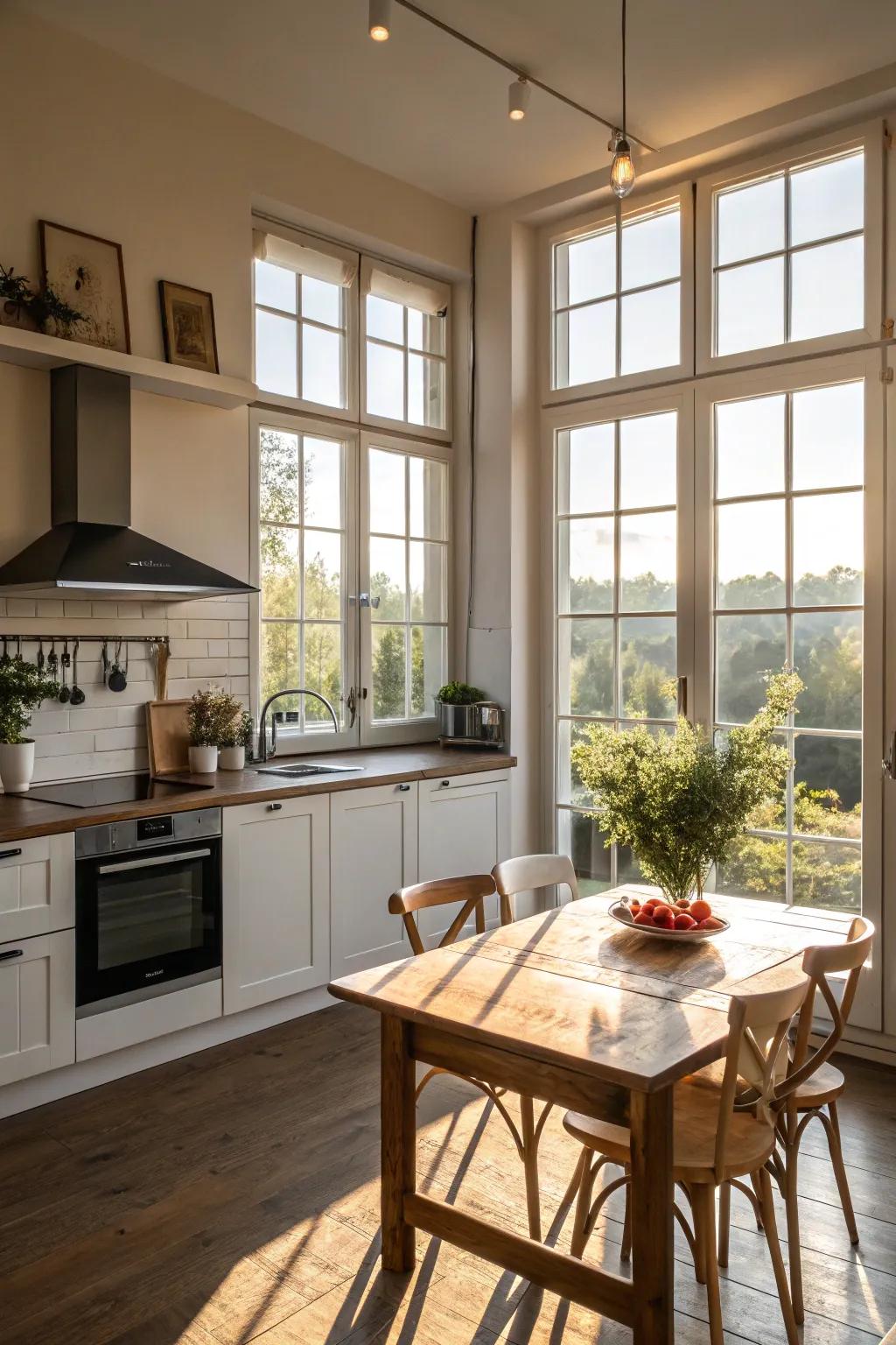 Natural light enhances the organic feel and openness of the kitchen.