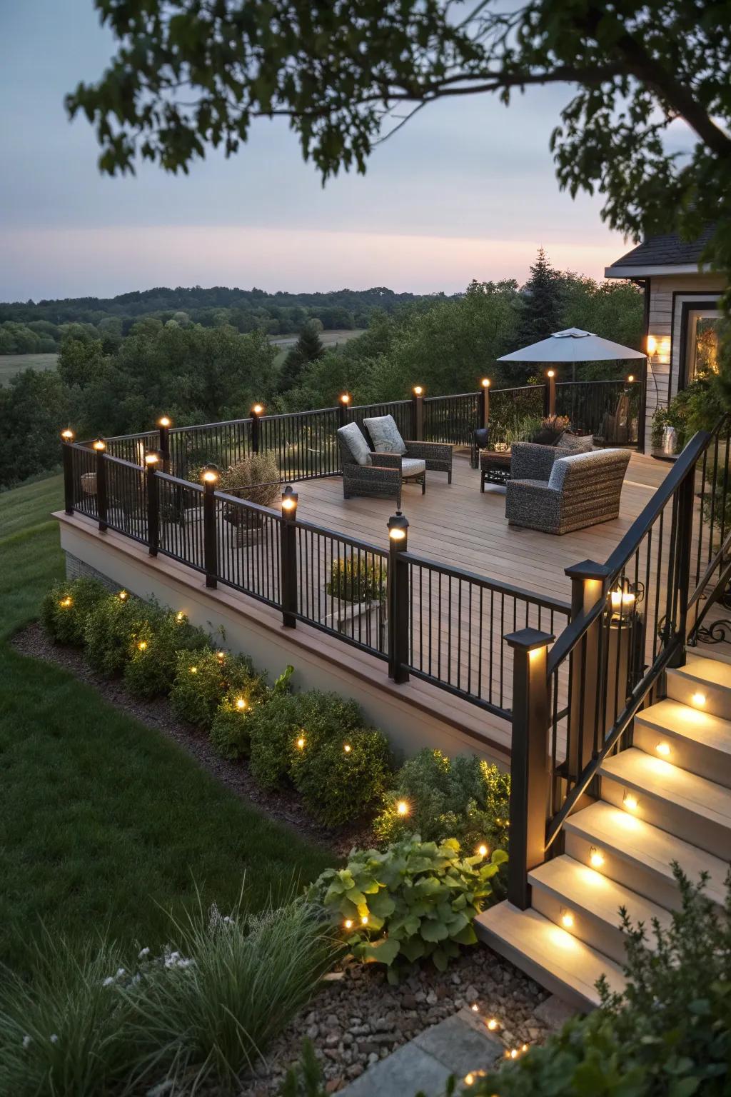 Enhance your deck with subdued under-rail lighting.