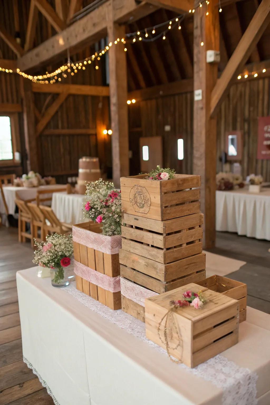 Rustic wooden boxes matching the barn dance theme.