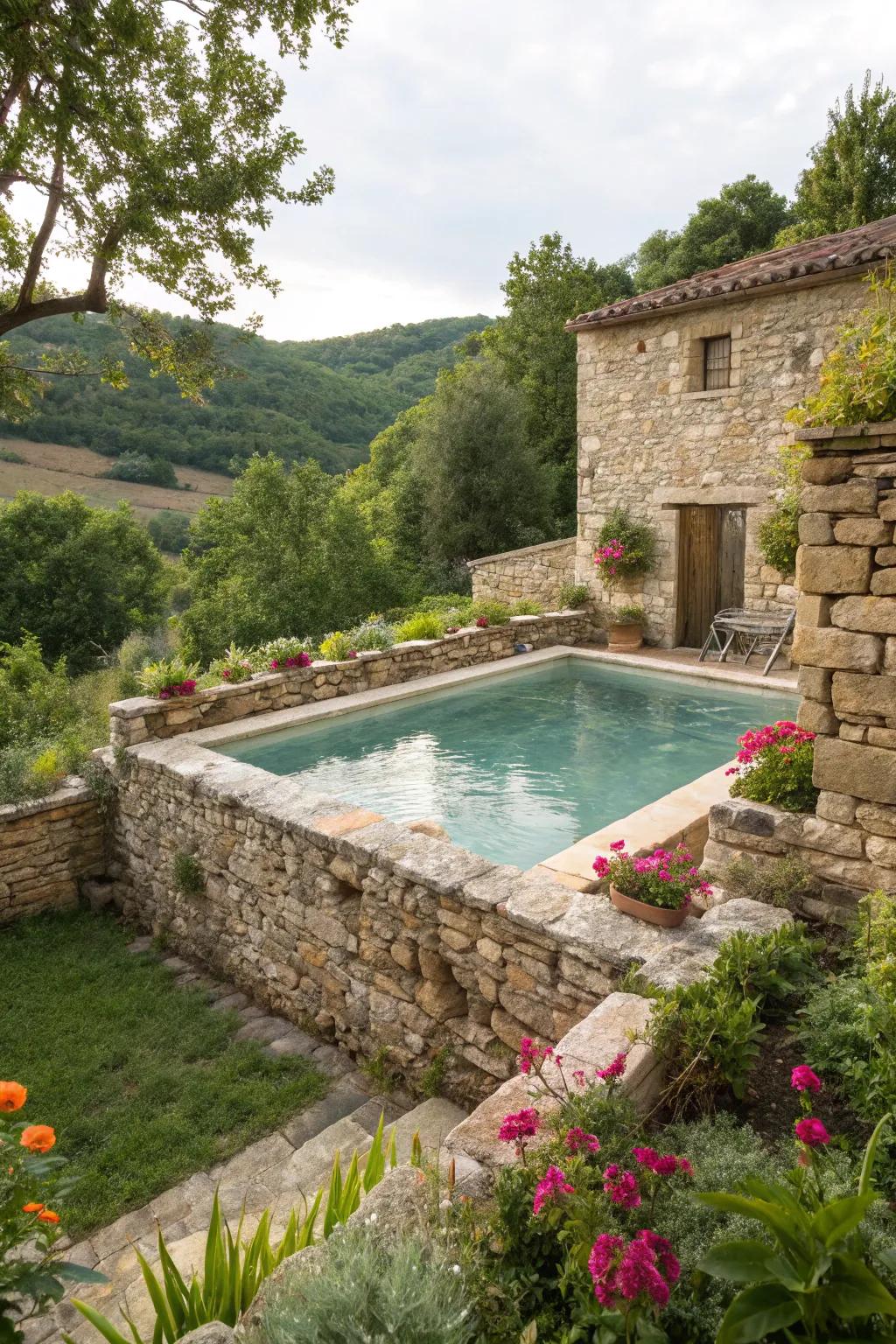 Country-style stone walls bring durability and elegance to pool privacy.