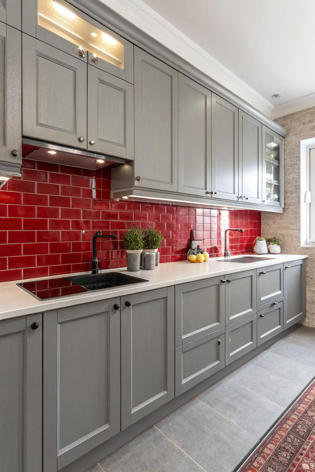 A kitchen with grey cabinets complemented by a red backsplash.