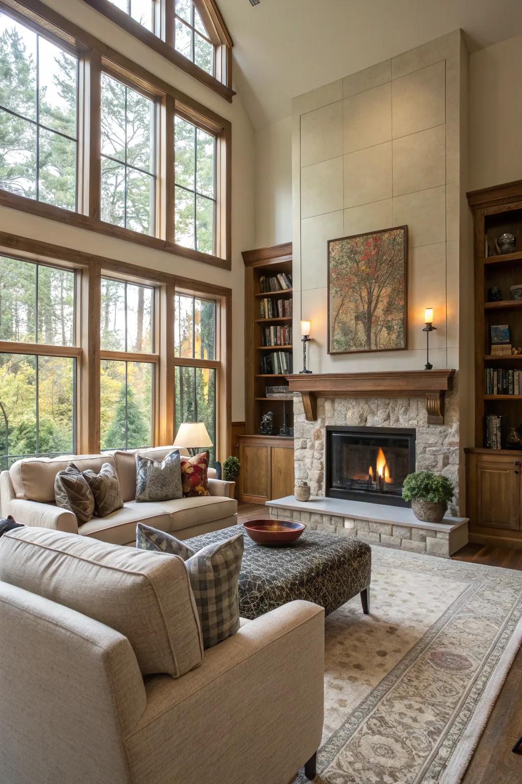 Natural light enhances the warmth and ambiance of the fireplace area.