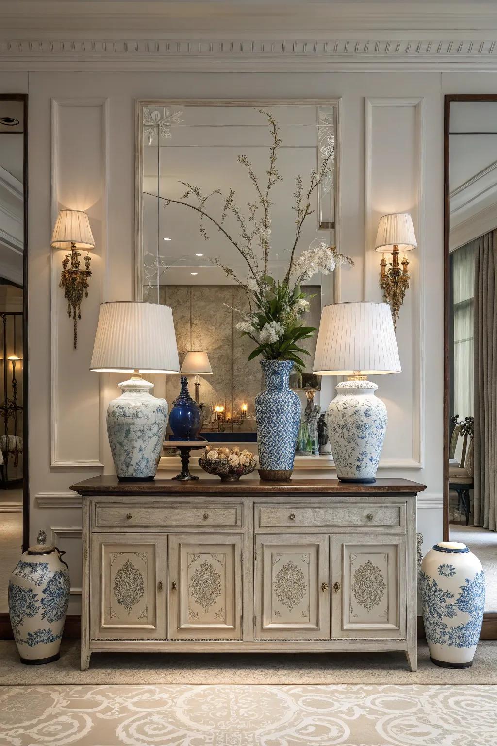 Symmetrical layouts on a sideboard bring calm and balance to the decor.