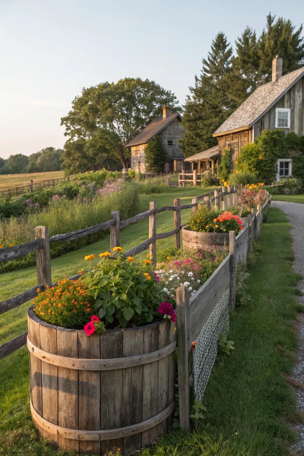 Wooden elements enhancing the rustic charm of the garden.