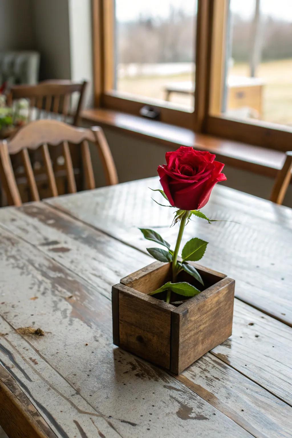 A wooden box adds rustic charm to the rose centerpiece.