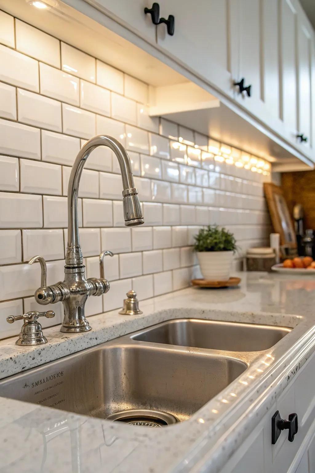 Classic white tiles provide a timeless elegance in the kitchen.