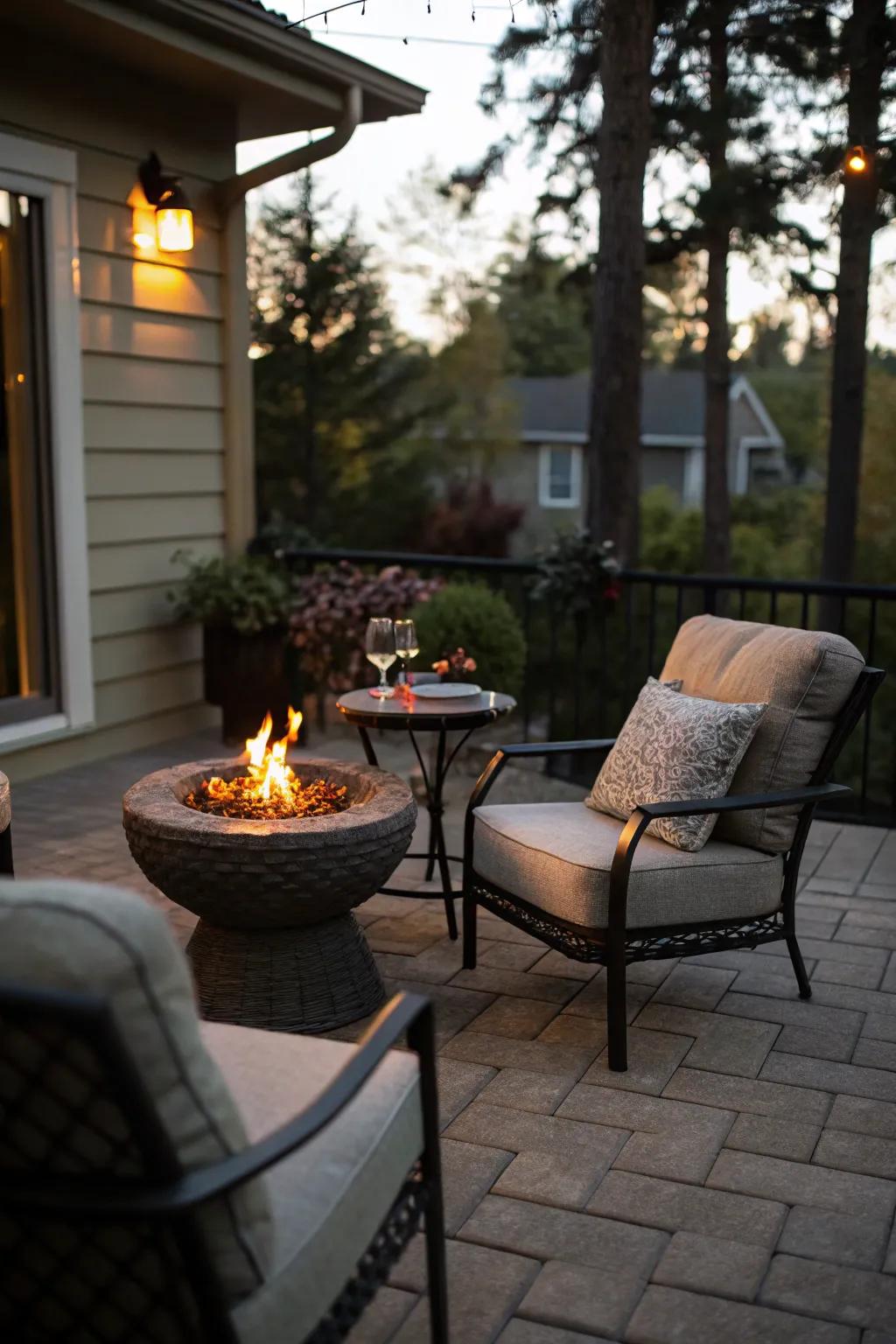 A small patio layout maximizes space while promising coziness and style.