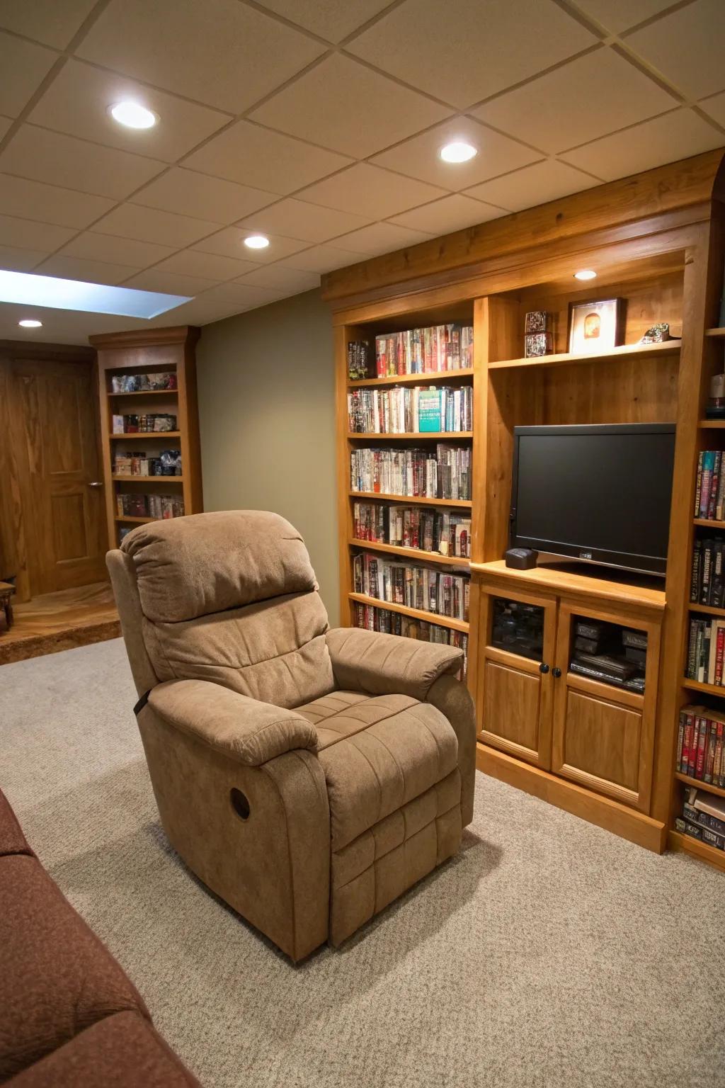 A recliner with built-in storage offers comfort and practicality.