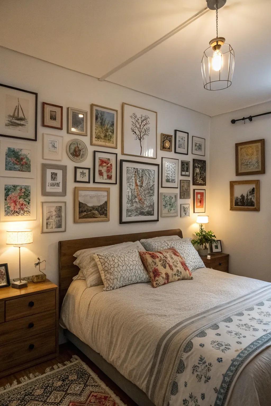 Wall art adds personality to a small master bedroom.