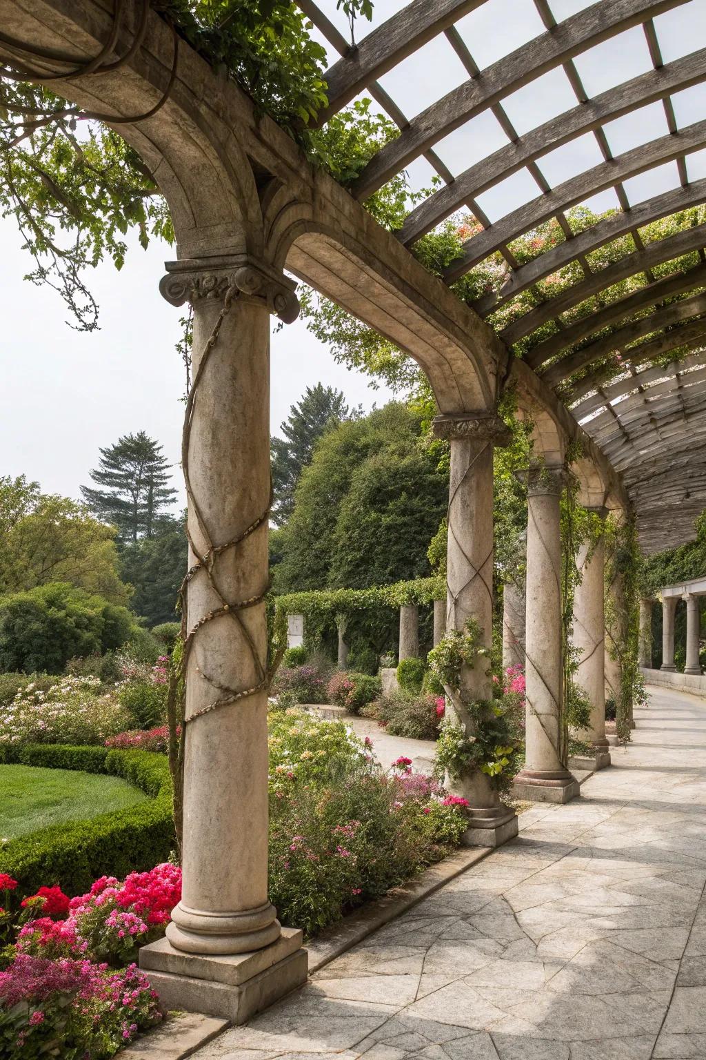 Archways and pillars contribute traditional elegance to the pergola.