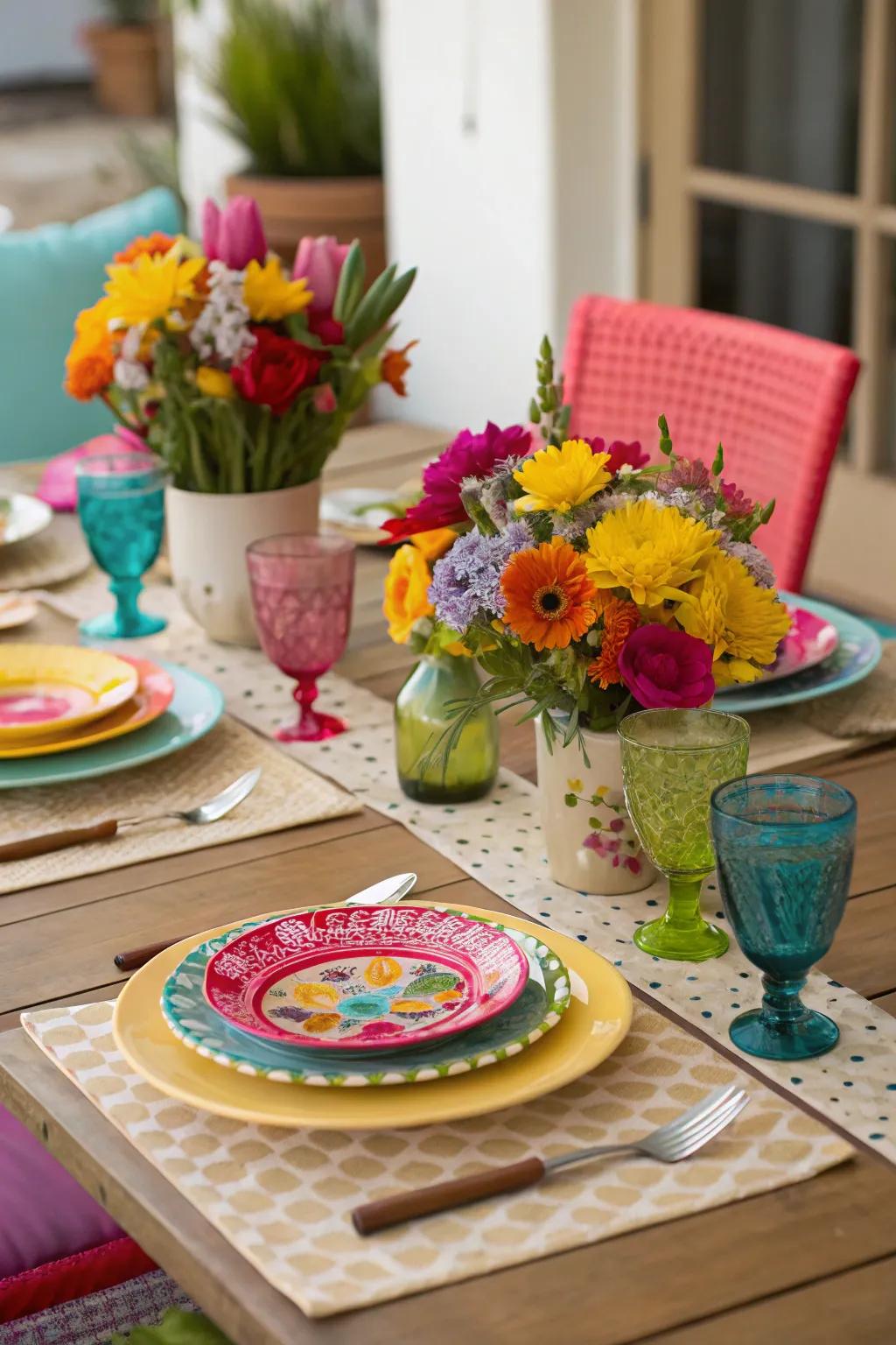 A dining table decorated with colorful tableware and themed centerpieces.