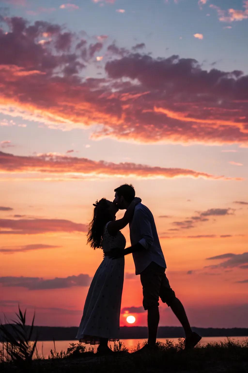 A couple in silhouette against a vibrant sunset sky.