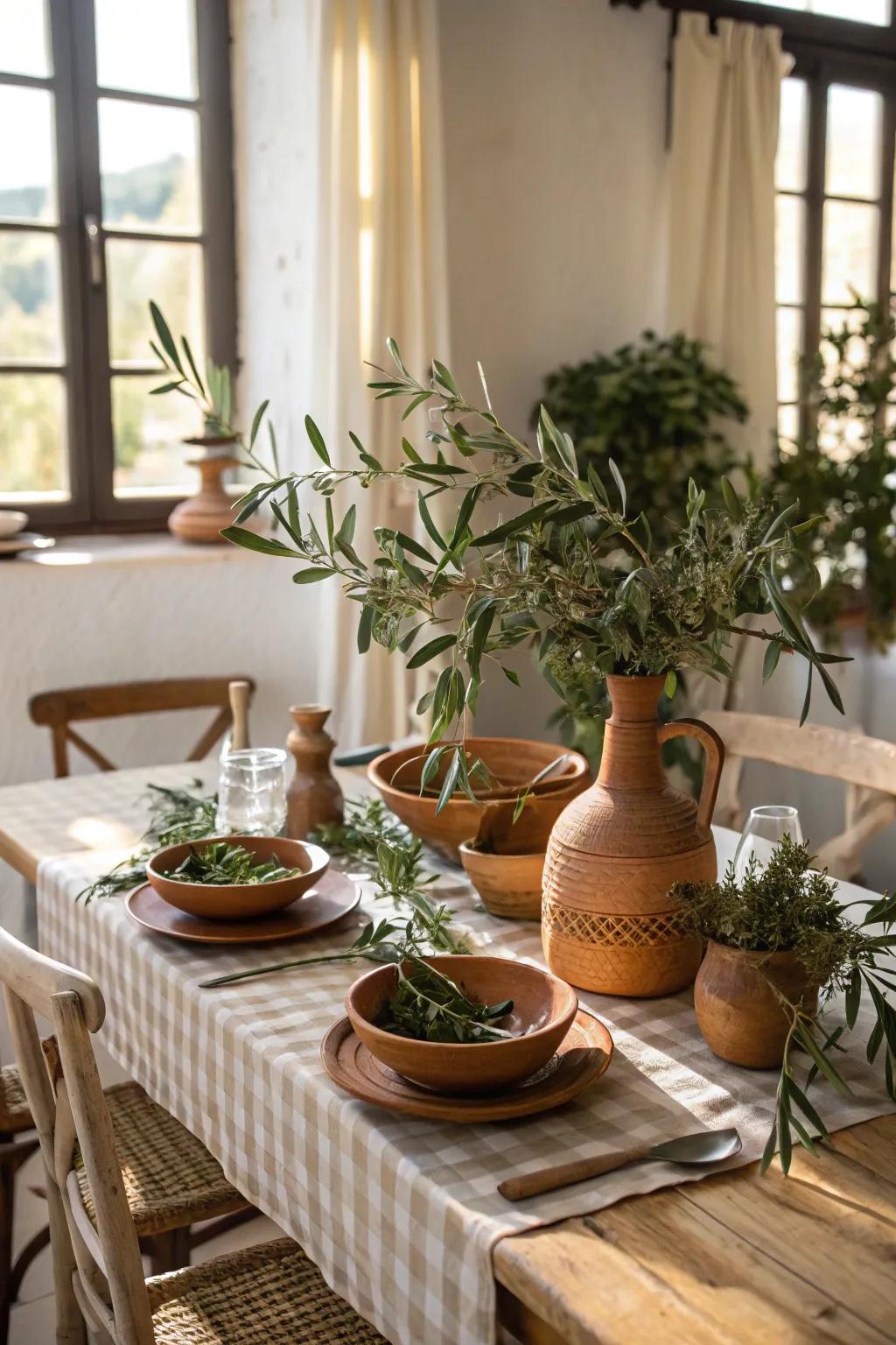 A Mediterranean-themed table setting with natural elements.