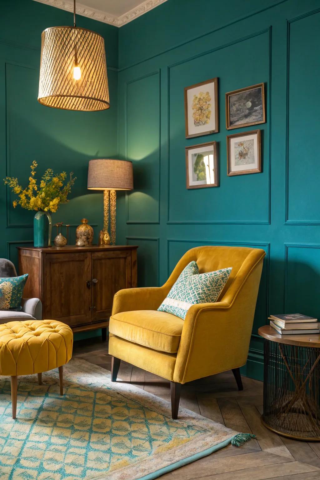 Teal walls paired with mustard yellow for an energetic vibe.