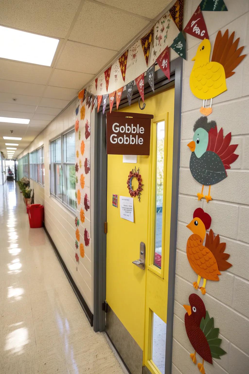 A whimsical Gobble Gobble door display with playful turkeys.