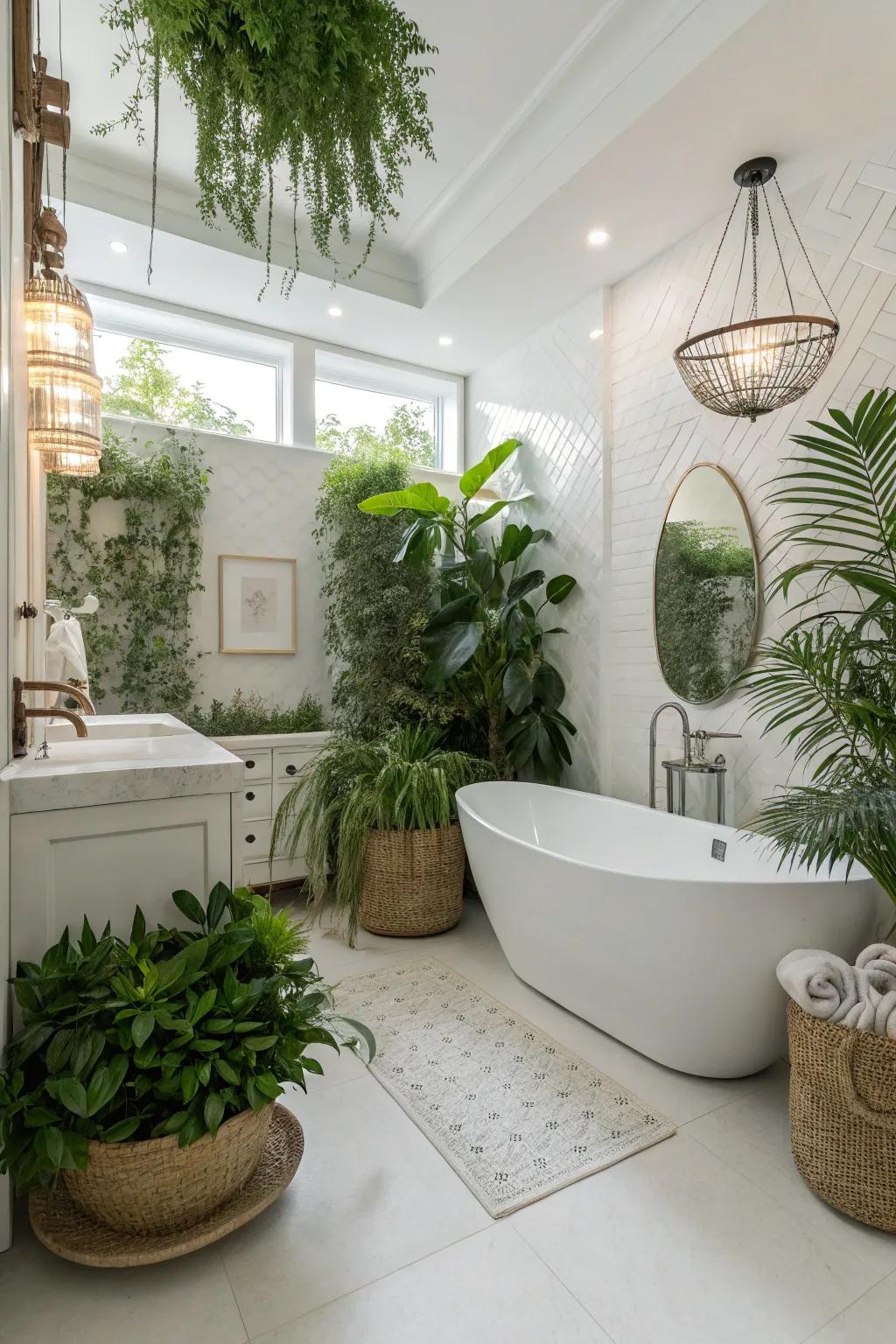 A white bathroom rejuvenated with vibrant green plants, injecting a refreshing essence.