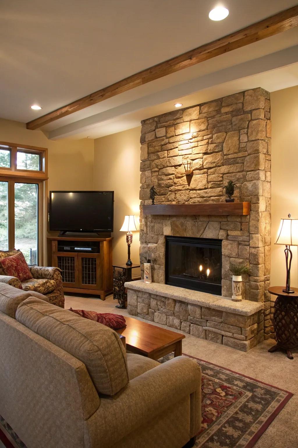 A living room TV wall that uses stone for a natural touch.