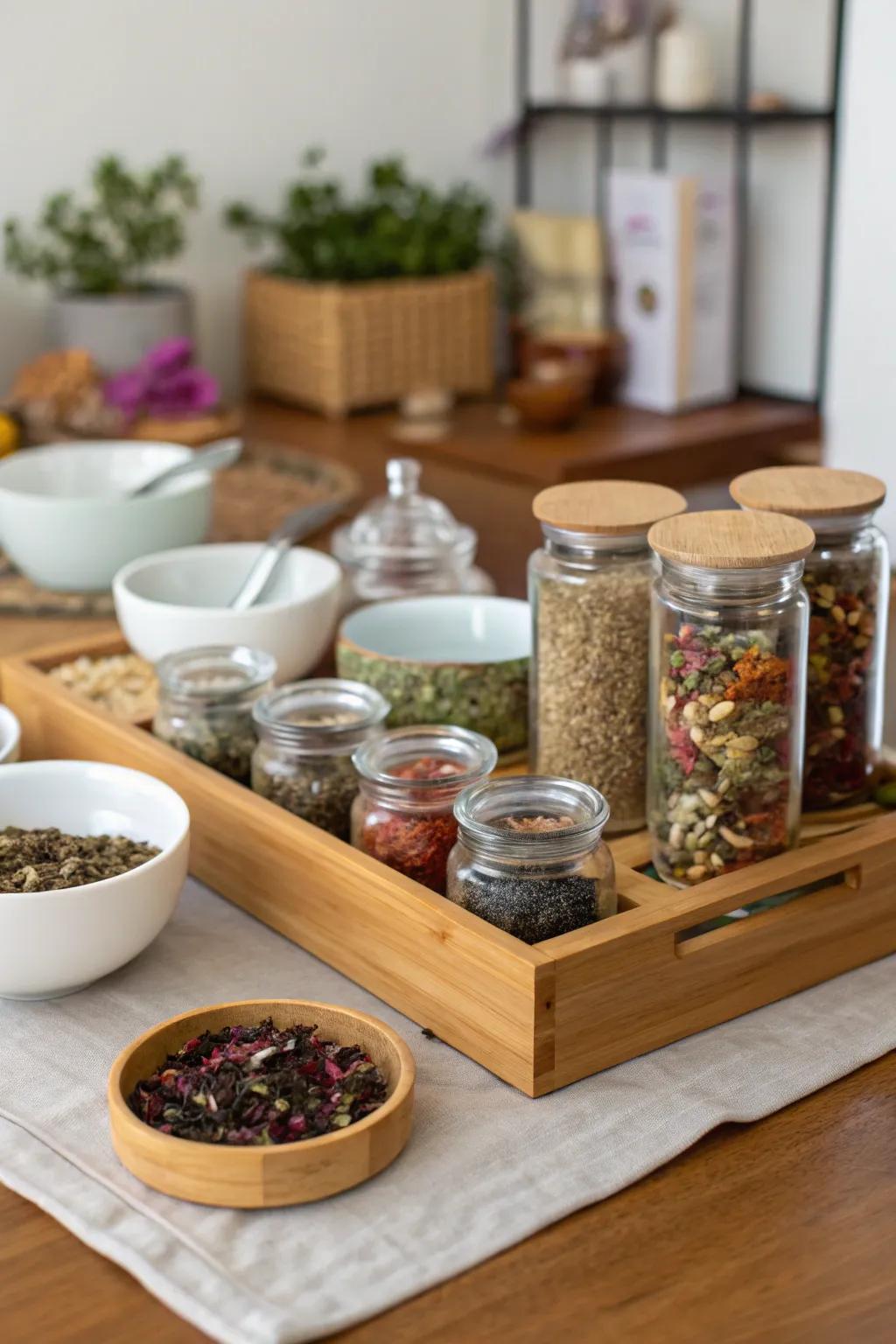A DIY tea mixing station for attendees to craft their own tea blends.