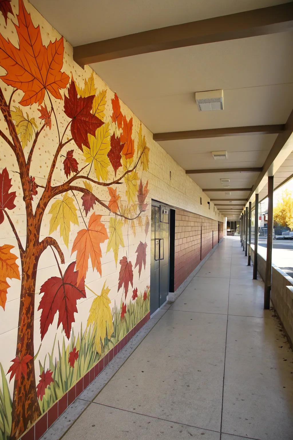 Seasonal murals keep the school corridor dynamic and in tune with the time of year.