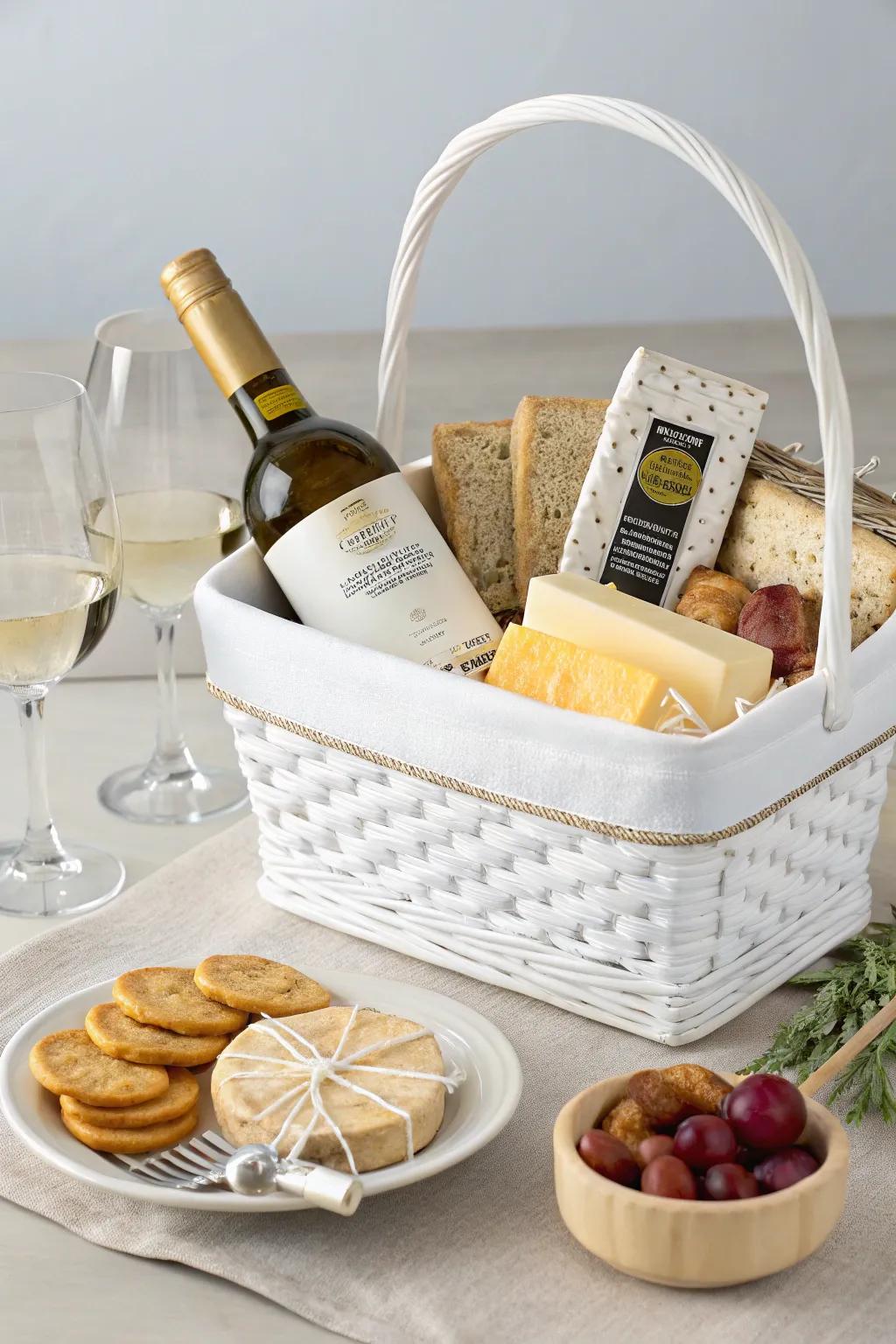 A wine and dine delight white gift basket for an elegant evening.