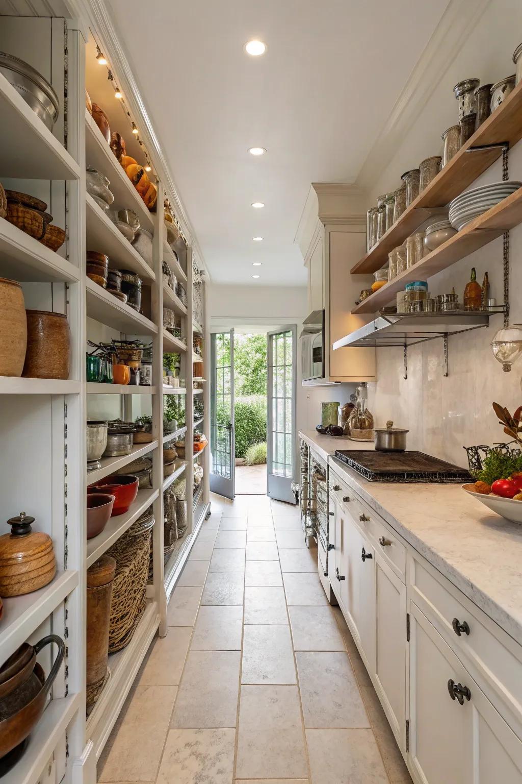 Open shelving uniting functionality and style in a spacious galley kitchen.
