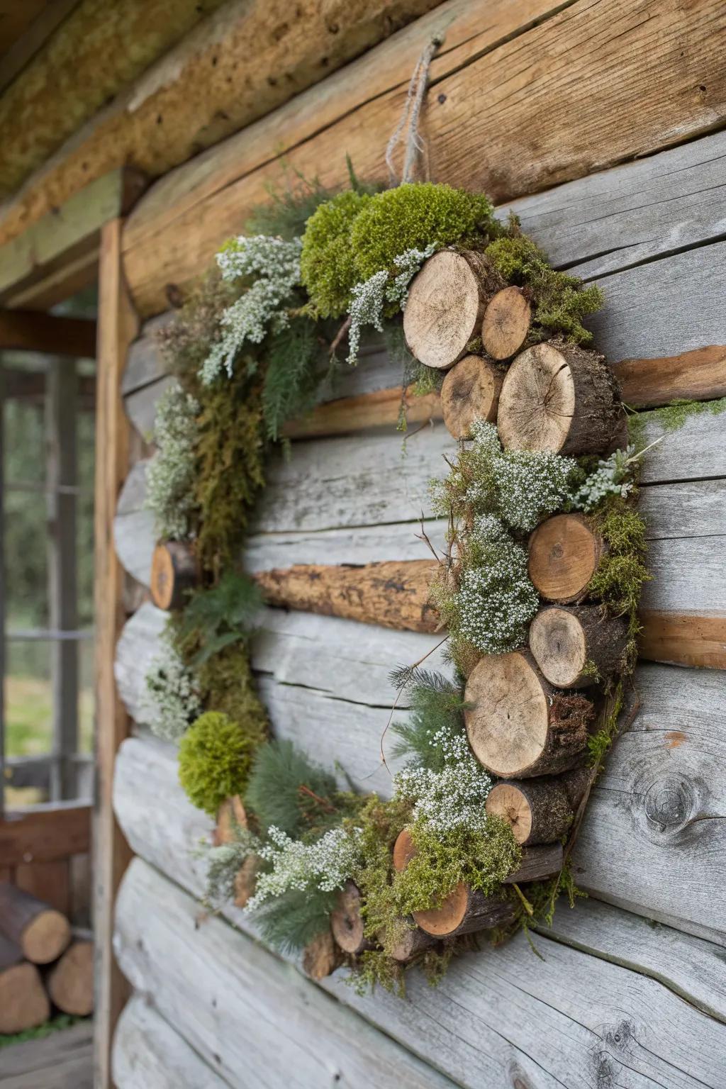 Botanical inspired wreath adorned with moss for a forest-like ambiance.