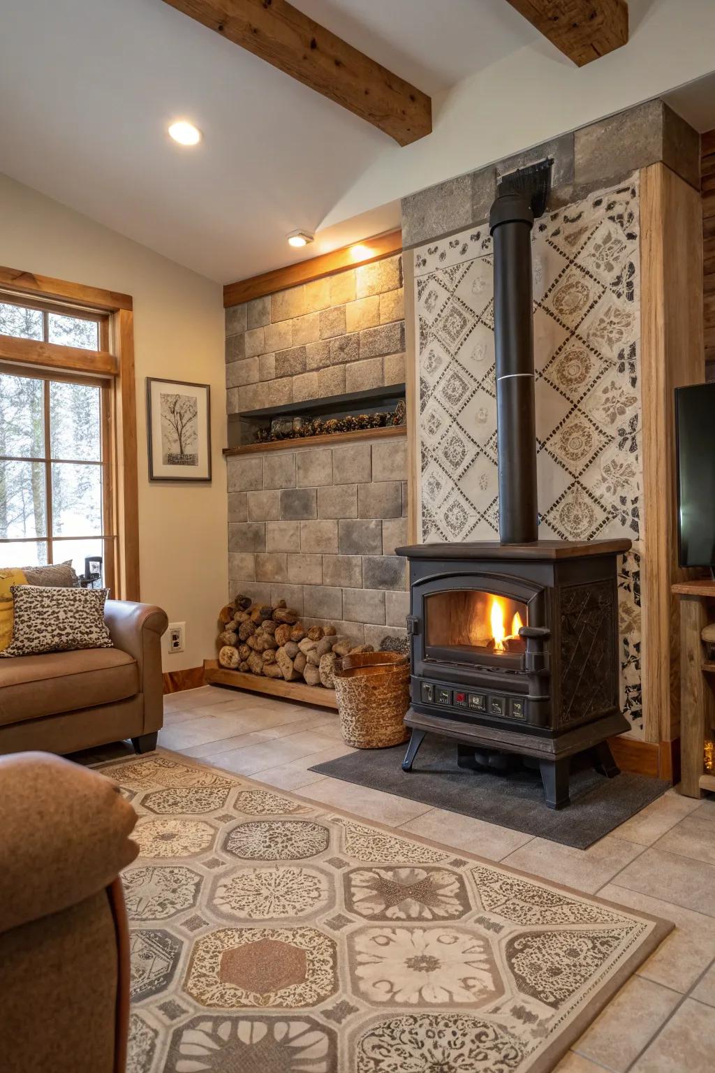 Mixing tile feels and styles offers a distinctive and personalized wood heater surround.