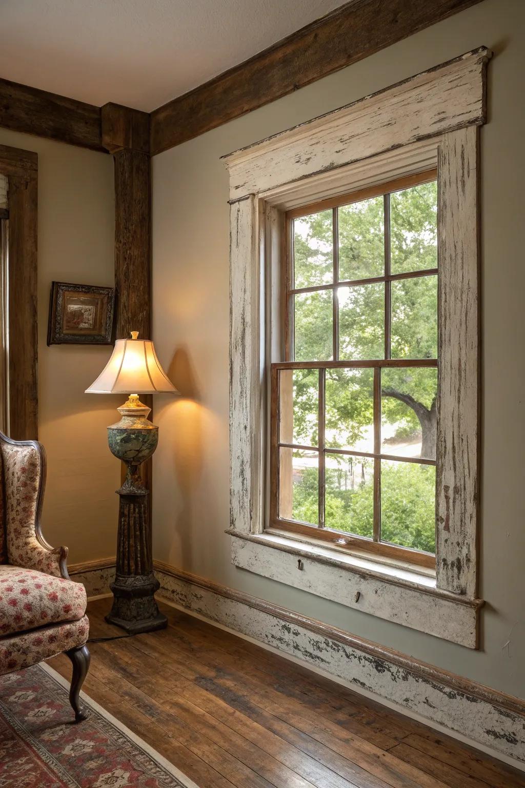 Distressed trim exudes character and vintage allure.