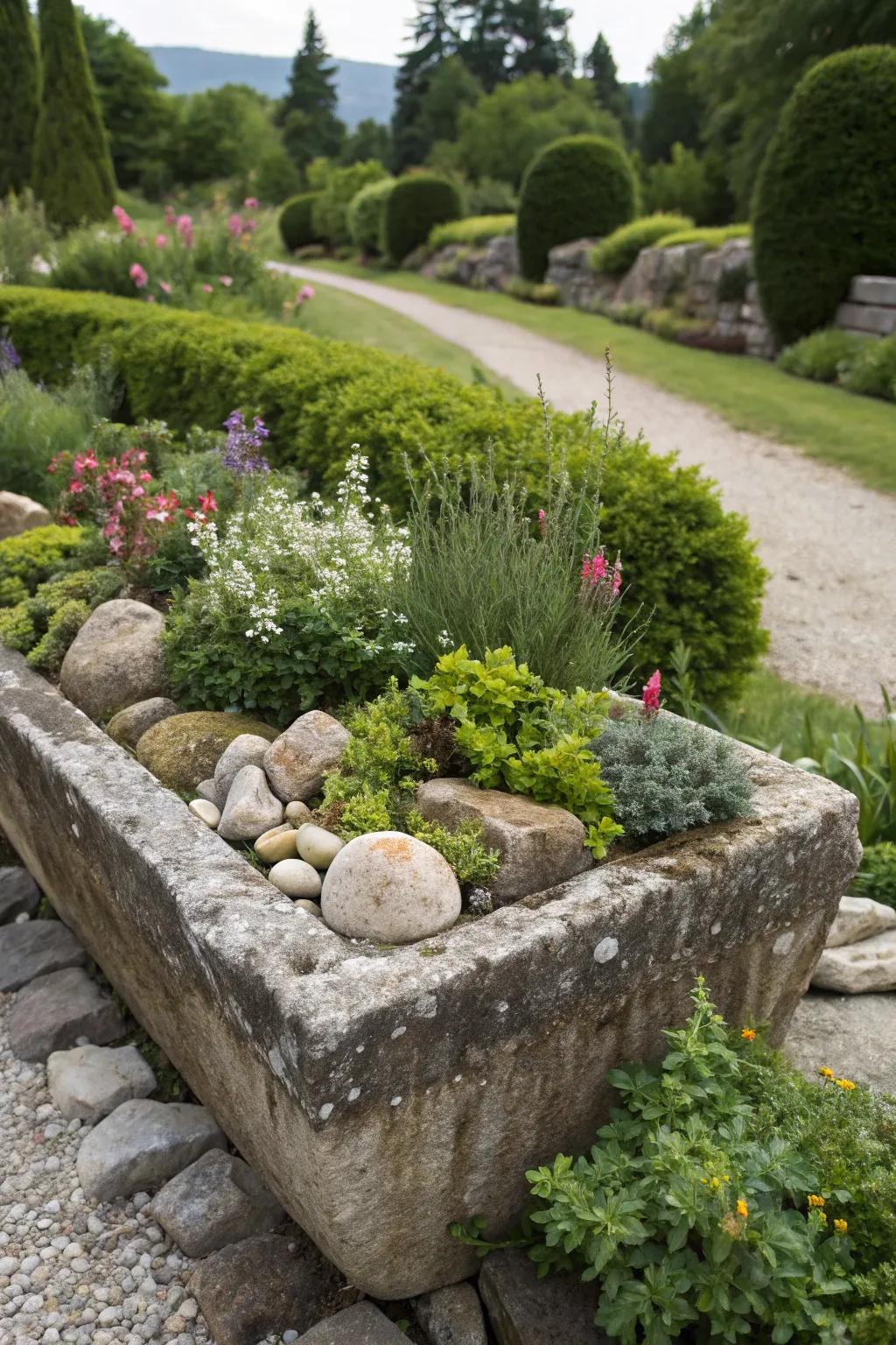 A mini alpine landscape in a charming stone trough.