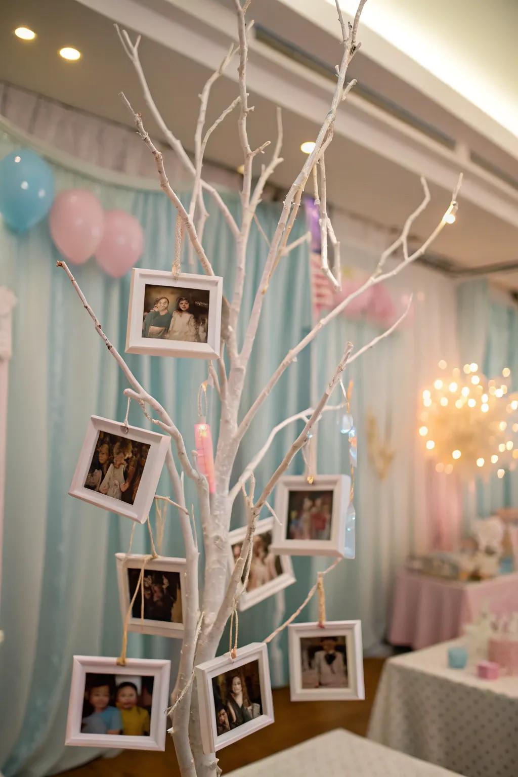 A photo memory tree with hanging photos of the parents-to-be.